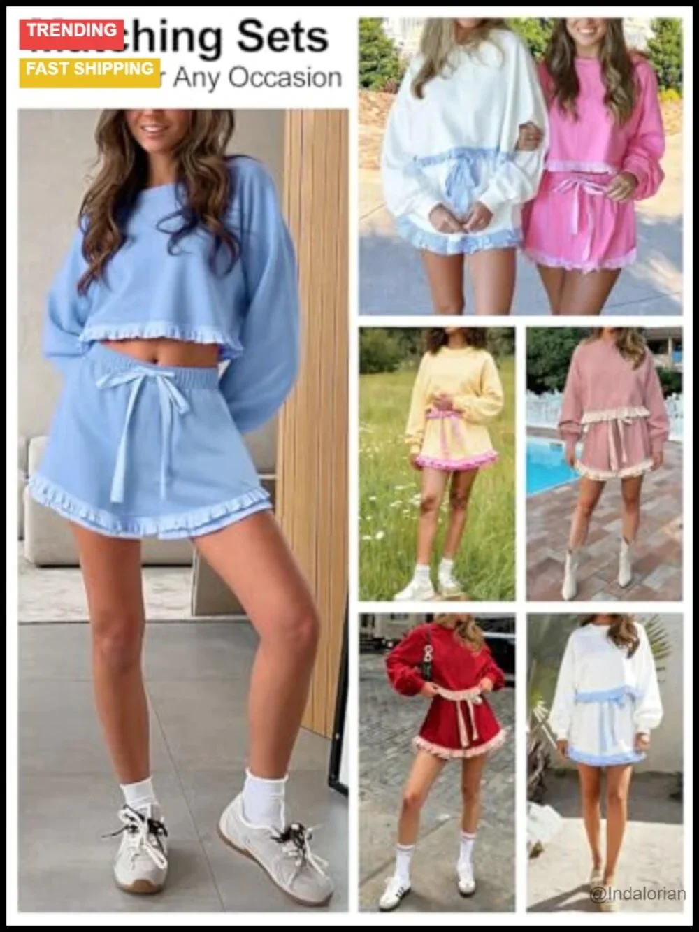 Women's 2 Piece Lounge Set Cropped Sweatshirt Ruffle Shorts Matching Outfit